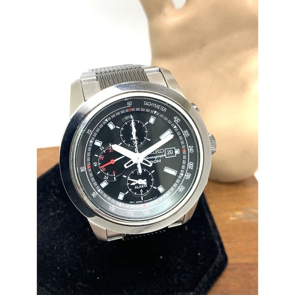 Seiko Men's Watch SNAB19 Quartz Chronograph Black Silver Stainless Steel 44mm - Picture 1 of 15